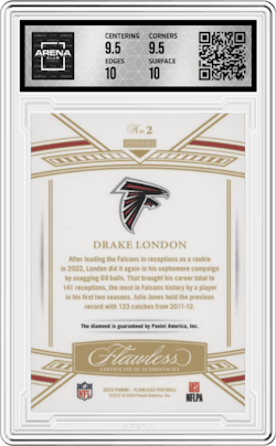 Drake London  from the 2023 Panini Flawless set featuring a Diamond parallel and given an overall grade of 10.