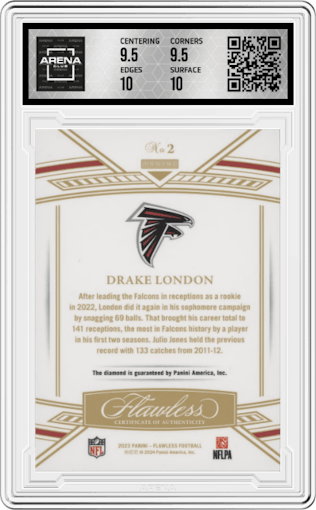 Drake London  from the 2023 Panini Flawless set featuring a Diamond parallel graded by Arena Club and given an overall grade of 10.