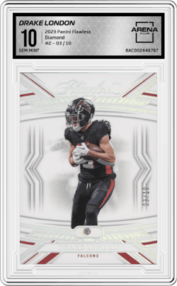 Drake London  from the 2023 Panini Flawless set featuring a Diamond parallel and given an overall grade of 10.