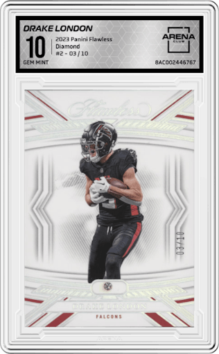 Drake London  from the 2023 Panini Flawless set featuring a Diamond parallel graded by Arena Club and given an overall grade of 10.