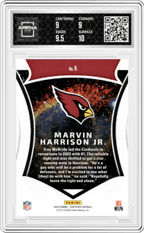 Marvin Harrison Jr. from the 2024 Panini Certified set featuring a Gold Mirror parallel graded by Arena Club and given an overall grade of 9.5.