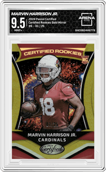 Marvin Harrison Jr. from the 2024 Panini Certified set featuring a Gold Mirror parallel graded by Arena Club and given an overall grade of 9.5.