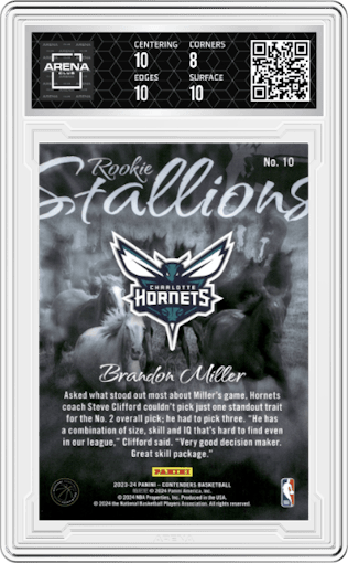Brandon Miller from the 2023-24 Panini Contenders set featuring a Cracked Ice parallel graded by Arena Club and given an overall grade of 8.5.