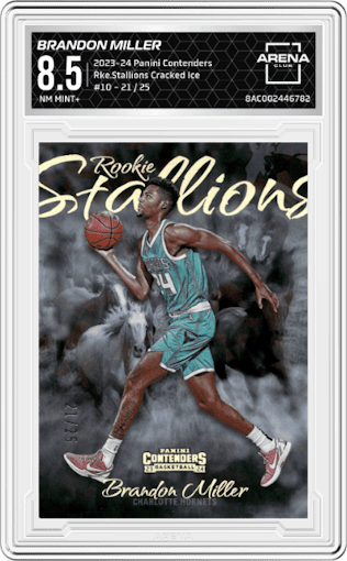 Brandon Miller from the 2023-24 Panini Contenders set featuring a Cracked Ice parallel graded by Arena Club and given an overall grade of 8.5.