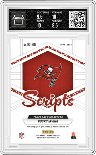 Bucky Irving from the 2024 Panini Mosaic set graded by Arena Club and given an overall grade of 9.