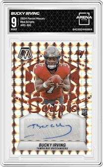 Bucky Irving from the 2024 Panini Mosaic set graded by Arena Club and given an overall grade of 9.