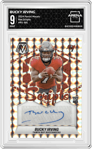 Bucky Irving from the 2024 Panini Mosaic set graded by Arena Club and given an overall grade of 9.