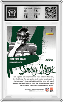 Breece Hall from the 2024 Donruss Optic set graded by Arena Club and given an overall grade of 10.