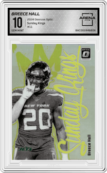 Breece Hall from the 2024 Donruss Optic set graded by Arena Club and given an overall grade of 10.