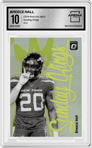 Breece Hall from the 2024 Donruss Optic set graded by Arena Club and given an overall grade of 10.