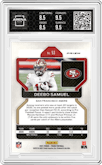 Deebo Samuel from the 2021 Panini Prizm set featuring a White Sparkle parallel graded by Arena Club and given an overall grade of 9.