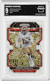 Deebo Samuel from the 2021 Panini Prizm set featuring a White Sparkle parallel graded by Arena Club and given an overall grade of 9.