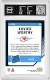 Xavier Worthy from the 2024 Donruss Optic set featuring a Blue Glitter parallel graded by Arena Club and given an overall grade of 9.5.