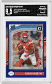Xavier Worthy from the 2024 Donruss Optic set featuring a Blue Glitter parallel graded by Arena Club and given an overall grade of 9.5.
