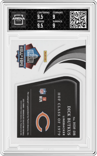 Dick Butkus from the 2021 Panini Immaculate Collection set graded by Arena Club and given an overall grade of 9.5.