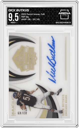 Dick Butkus from the 2021 Panini Immaculate Collection set graded by Arena Club and given an overall grade of 9.5.