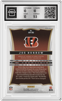 Joe Burrow from the 2023 Panini Select set graded by Arena Club and given an overall grade of 10.