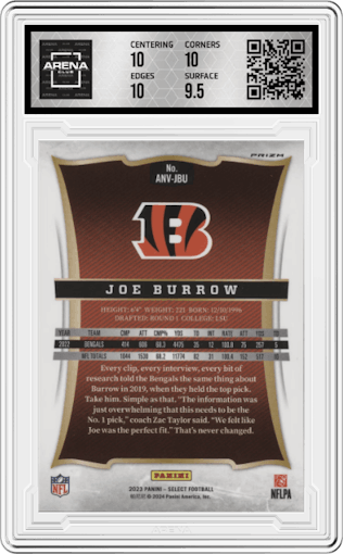 Joe Burrow from the 2023 Panini Select set graded by Arena Club and given an overall grade of 10.