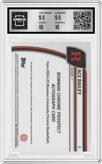 Ace Bailey  from the 2024-25 Bowman University Chrome set featuring a Blue Reptilian Refractor parallel graded by Arena Club and given an overall grade of 10.