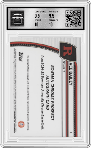 Ace Bailey  from the 2024-25 Bowman University Chrome set featuring a Blue Reptilian Refractor parallel graded by Arena Club and given an overall grade of 10.