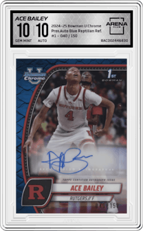 Ace Bailey  from the 2024-25 Bowman University Chrome set featuring a Blue Reptilian Refractor parallel graded by Arena Club and given an overall grade of 10.