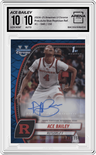 Ace Bailey  from the 2024-25 Bowman University Chrome set featuring a Blue Reptilian Refractor parallel graded by Arena Club and given an overall grade of 10.