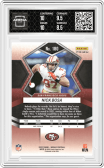 Nick Bosa from the 2022 Panini Mosaic set featuring a Genesis parallel graded by Arena Club and given an overall grade of 9.
