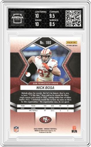 Nick Bosa from the 2022 Panini Mosaic set featuring a Genesis parallel graded by Arena Club and given an overall grade of 9.