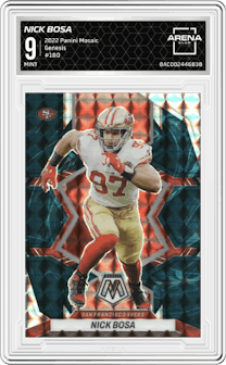 Nick Bosa from the 2022 Panini Mosaic set featuring a Genesis parallel graded by Arena Club and given an overall grade of 9.