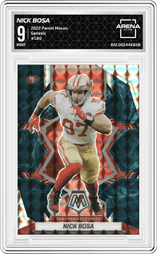 Nick Bosa from the 2022 Panini Mosaic set featuring a Genesis parallel graded by Arena Club and given an overall grade of 9.