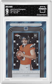 Bo Nix from the 2024 Panini Photogenic set featuring a Blue parallel graded by Arena Club and given an overall grade of 9.