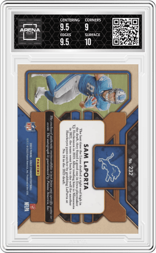 Sam LaPorta from the 2023 Panini Gold Standard set graded by Arena Club and given an overall grade of 9.5.