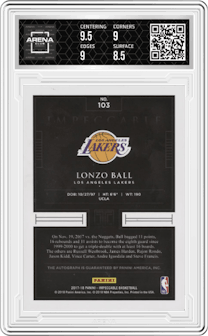 Lonzo Ball from the 2017-18 Panini Impeccable set graded by Arena Club and given an overall grade of 9.