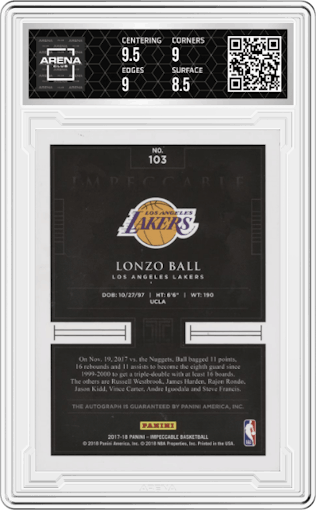 Lonzo Ball from the 2017-18 Panini Impeccable set graded by Arena Club and given an overall grade of 9.