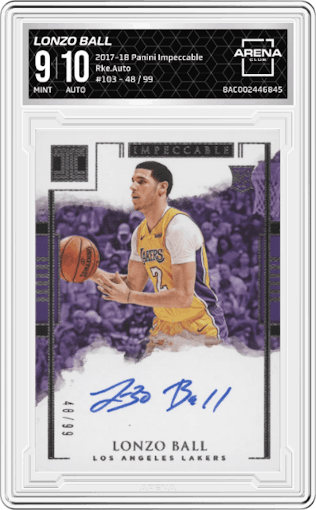 Lonzo Ball from the 2017-18 Panini Impeccable set graded by Arena Club and given an overall grade of 9.