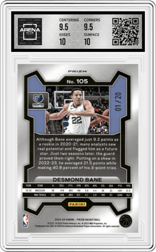 Desmond Bane from the 2023-24 Panini Prizm set featuring a Choice Cherry Blossom parallel graded by Arena Club and given an overall grade of 10.