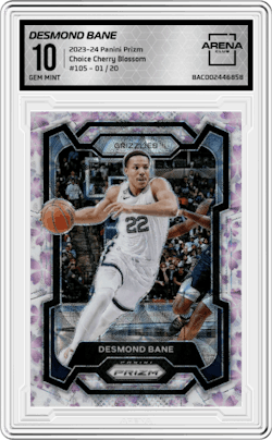 Desmond Bane from the 2023-24 Panini Prizm set featuring a Choice Cherry Blossom parallel and given an overall grade of 10.