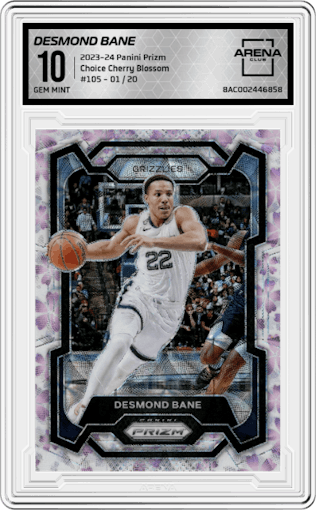 Desmond Bane from the 2023-24 Panini Prizm set featuring a Choice Cherry Blossom parallel graded by Arena Club and given an overall grade of 10.