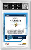 J.J. McCarthy from the 2024 Donruss set featuring a Red Wave parallel graded by Arena Club and given an overall grade of 9.5.