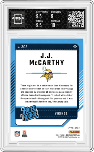 J.J. McCarthy from the 2024 Donruss set featuring a Red Wave parallel graded by Arena Club and given an overall grade of 9.5.