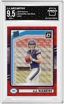 J.J. McCarthy from the 2024 Donruss set featuring a Red Wave parallel graded by Arena Club and given an overall grade of 9.5.