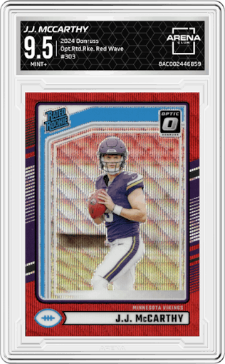 J.J. McCarthy from the 2024 Donruss set featuring a Red Wave parallel graded by Arena Club and given an overall grade of 9.5.