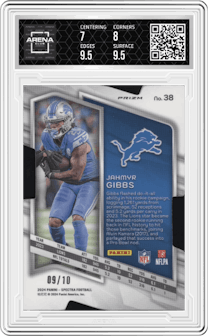 Jahmyr Gibbs from the 2024 Panini Spectra set featuring a Universal Die Cut parallel graded by Arena Club and given an overall grade of 7.5.