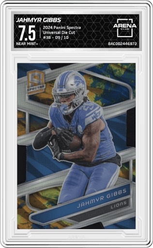 Jahmyr Gibbs from the 2024 Panini Spectra set featuring a Universal Die Cut parallel graded by Arena Club and given an overall grade of 7.5.