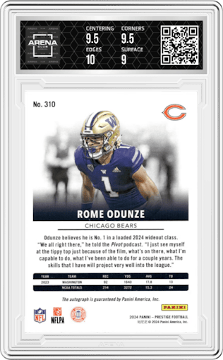 Rome Odunze from the 2024 Panini Prestige  set featuring a Pink parallel graded by Arena Club and given an overall grade of 9.5.