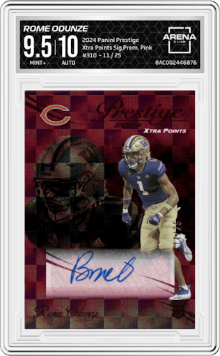 Rome Odunze from the 2024 Panini Prestige  set featuring a Pink parallel graded by Arena Club and given an overall grade of 9.5.
