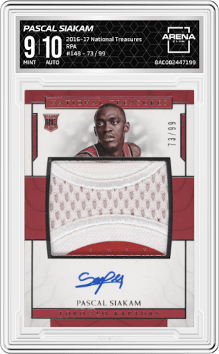 Pascal Siakam from the 2016-17 Panini National Treasures Basketball set graded by Arena Club and given an overall grade of 9.