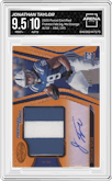 Jonathan Taylor from the 2020 Panini Certified set featuring a Mirror Orange parallel graded by Arena Club and given an overall grade of 9.5.