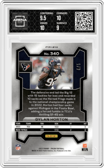 Dylan Horton from the 2023 Panini Prizm set featuring a Gold Vinyl parallel graded by Arena Club and given an overall grade of 9.5.