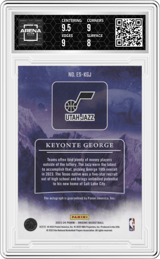 Keyonte George from the 2023-24 Panini Origins set featuring a Red parallel graded by Arena Club and given an overall grade of 8.5.